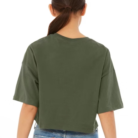 Burnt Olive Boxy Oversized Short Sleeve Cotton Cropped Top - Picture 2 of 3
